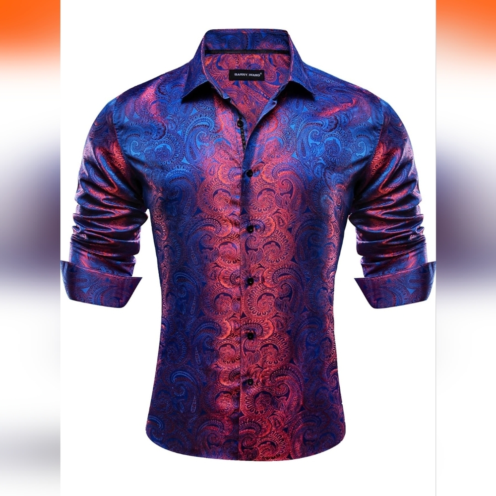 Barry.Wang Men Dress Shirts Long Sleeve Button Down Silk Paisley 2XL